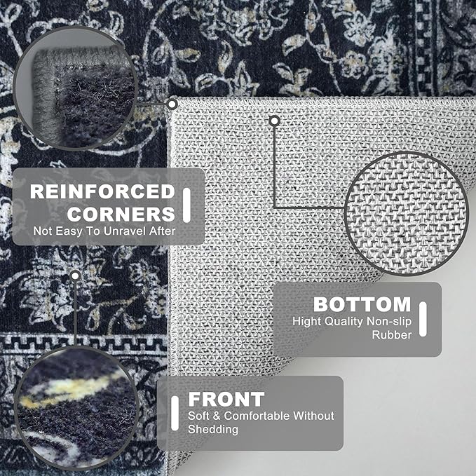 KILOCOCO Hallway Runner 2x5 Rug Runner Printed Vintage Floral Washable Kitchen Runners Non-slip Rubber Backed Runners for Hallways Laundry Room Distressed Boho Rugs for Entryway Bedroom, Navy/Charcoal