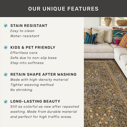 Large 8x12 Boho Living Room Rug - Gold Brown Geometric Floral Area Rug for Dining Room Under Table, Bedroom Under Bed, Low Pile & Soft - Vintage Design & Stain Resistance Carpet