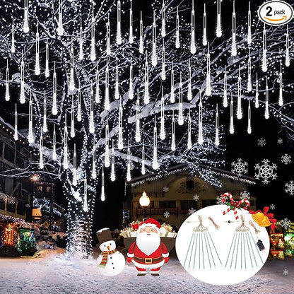 2 Pack Christmas Decorations Lights Outdoor, Extendable Meteor Shower Lights with Timer, Total 384LED 30cm 16 Tubes Indoor Outdoor Snow Cascading String Light for Xmas Garden Party Decor (Cool White)
