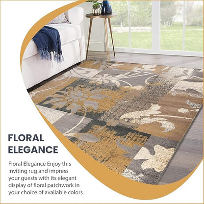 Superior Indoor Runner Rug, Plush Carpet Cover, for Hallway, Entry, Dining, Office, Kitchen, Modern Floral Patchwork Decor, Pastiche Collection, 2' 7" x 10', Camel