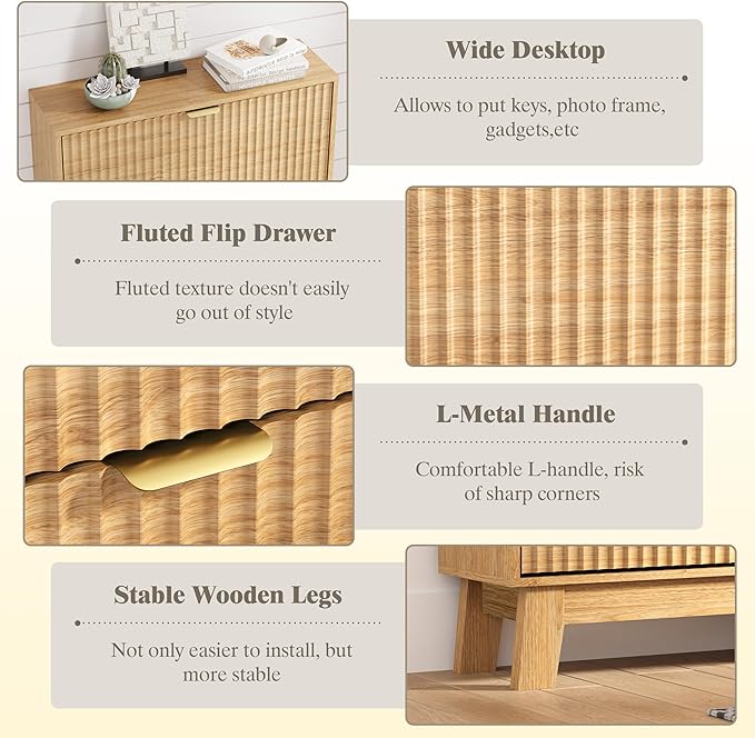 Shoe Cabinet Storage for Entryway with 2 Flip Drawers, Fluted Narrow Shoe Organizer with Wooden Legs, Freestanding Slim Shoe Storage Hidden Shoe Rack Organizer for Front Door Entrance, Oak