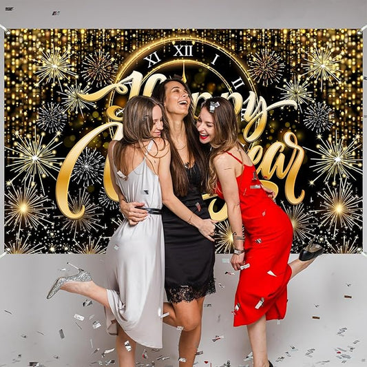 Gold Happy New Year Banner Backdrop Gold Clock Fireworks 2026 Happy New Year Decorations Sparkling Backdrop for NYE Party 2026 Countdown Decor 5.9×3.6 Ft (Polyester)