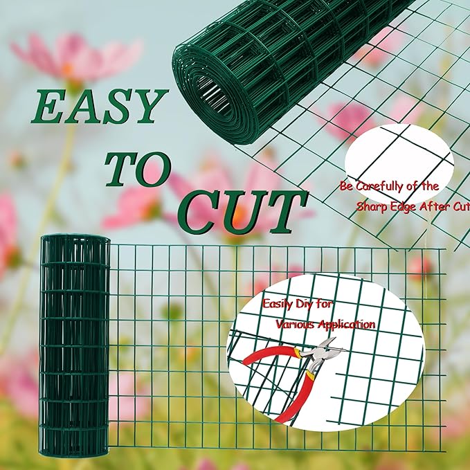 Green Metal Garden Fence, 48inch(H) x 50ft(L), 2 inch x 3 inch,14GA 2/3/4/5/6 Ft Tall Chicken Wire PVC Coated Welded Wire Mesh Roll for Dogs Border Yard Vegetable Plant Protection Poultry Netting