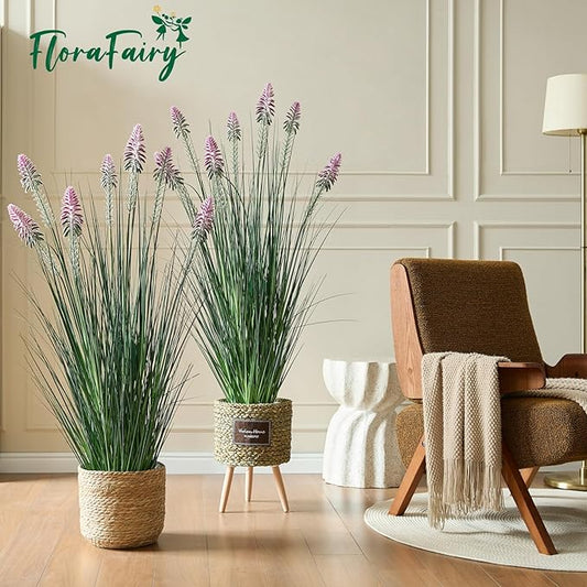 4ft 2-Pack Horsetail Reed Grass with Purple Cockscomb Flower, 48in Tall Indoor Outdoor Green Onions Fake Plants in Pot, Home Office Decorative Artificial Plant & Greenery, Wedding Décor