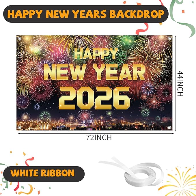 YQUQWN Happy New Year 2026 Banner New Years Eve Party Supplies Decorations 72 x 44 Inches with Pattern Firework for New Year Party Decoration Photo Props Background Supplies