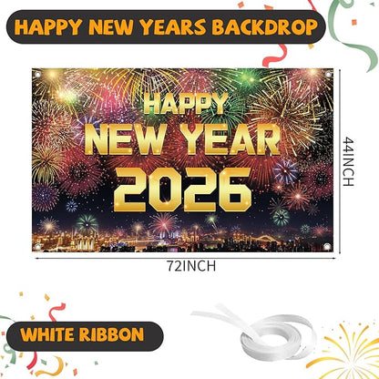 YQUQWN Happy New Year 2026 Banner New Years Eve Party Supplies Decorations 72 x 44 Inches with Pattern Firework for New Year Party Decoration Photo Props Background Supplies