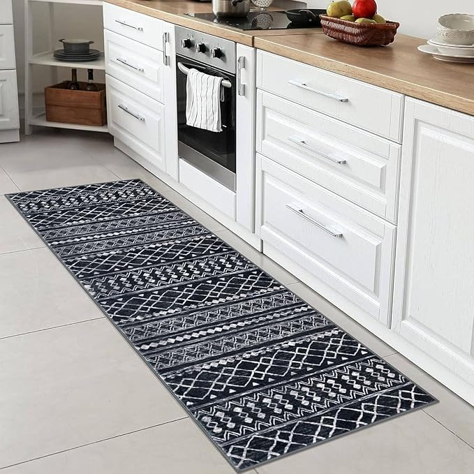 KUTA Moroccan Washable Hallway Runner Rug, 2x6 Non-Slip Vintage Black Boho Rugs Kitchen Runners Ultra Soft Distressed Geometric Floor Carpet for Bedroom Laundry Living Room