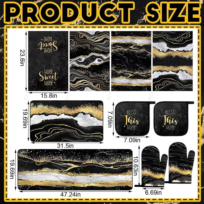 10 Pcs Christmas Marble Farmhouse Kitchen Decor Accessories Set Marble Kitchen Dish Towels Rugs Oven Mitts and Pot Holders Sets for Cooking Baking Daughter Mom Gift(Black)