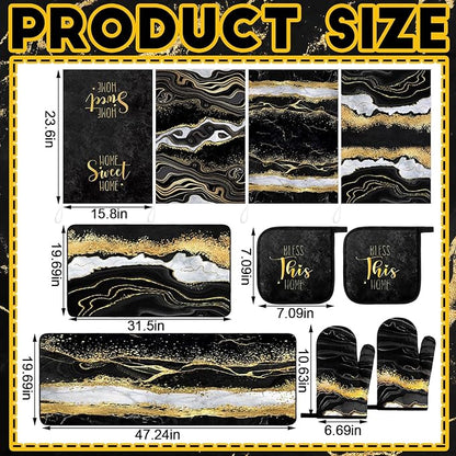 10 Pcs Christmas Marble Farmhouse Kitchen Decor Accessories Set Marble Kitchen Dish Towels Rugs Oven Mitts and Pot Holders Sets for Cooking Baking Daughter Mom Gift(Black)