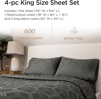 Threadmill 100% Cotton Sheets for King Size Bed - 600 Thread Count King Bed Sheets Set with 16” Deep Pocket - Jacquard Sateen Weave 4-Piece Bedding Set with Cooling Effect, Dark Grey