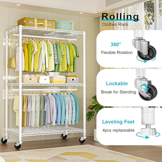 P3 Plus Rolling Clothes Rack, Clothing Racks for Hanging Clothes, Heavy Duty Garment Rack with Wheels, Freestanding Portable Closet Rack 45" W x 14" D x 78.5" H, Max Load 480 LBS, White