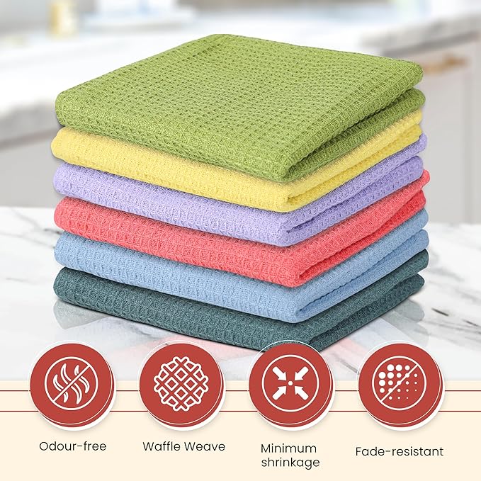 Vintage Vista 100% Cotton Waffle Dish Cloths (Pack of 6) - Dish Rags for Washing Dishes - Reusable & Highly Absorbent Kitchen Towels - Kitchen Rags for Christmas - (12" x 12" - Multicolor I)