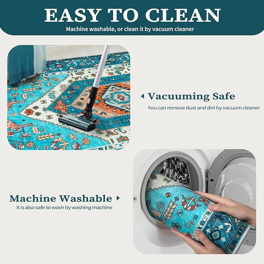 SERISSA Boho Area Rug 5x7 Blue, Washable Rugs for Living Room, Ultra Soft Non-Slip Bedroom Rug Print Distressed Vintage Tribal Farmhouse Carpet Rug for Dining Room Dorm Office Home Decor