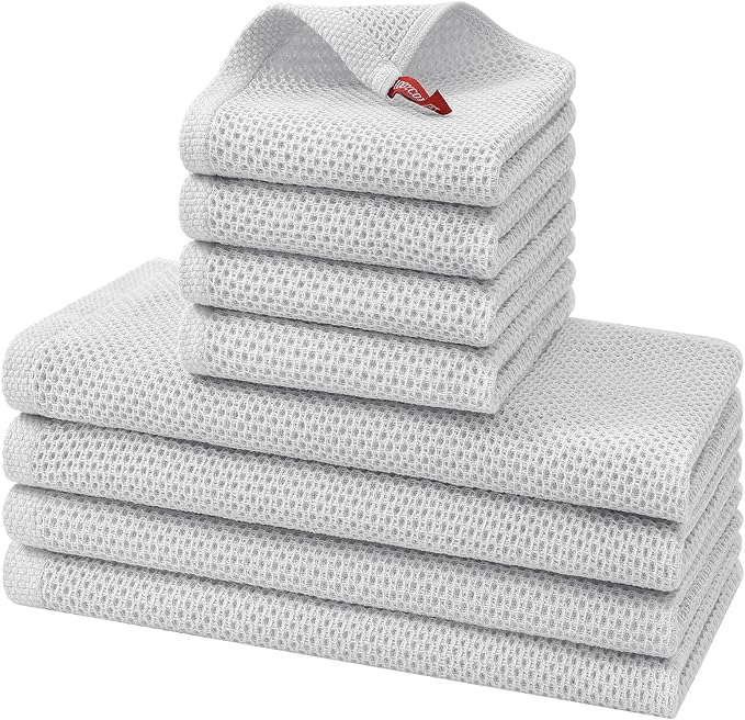Kitinjoy 100% Cotton Kitchen Towels and Dishcloths Set, 8 Pack Waffle Weave Dish Towels Ultra Soft Absorbent Quick Drying Dish Rags, 13 x 28 Inch and 12 X 12 Inch, Light Grey