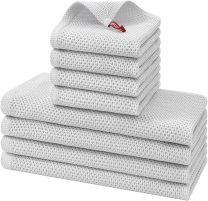 Kitinjoy 100% Cotton Kitchen Towels and Dishcloths Set, 8 Pack Waffle Weave Dish Towels Ultra Soft Absorbent Quick Drying Dish Rags, 13 x 28 Inch and 12 X 12 Inch, Light Grey