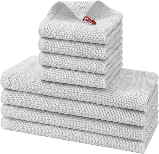 Kitinjoy 100% Cotton Kitchen Towels and Dishcloths Set, 8 Pack Waffle Weave Dish Towels Ultra Soft Absorbent Quick Drying Dish Rags, 13 x 28 Inch and 12 X 12 Inch, Light Grey
