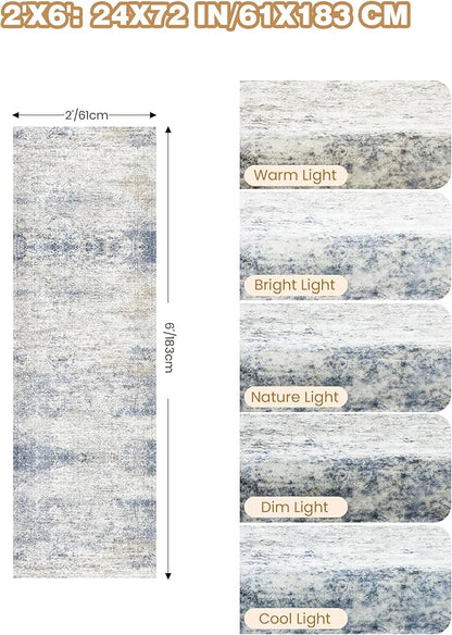 Washable Runner Rugs for Bedroom - 2x6 Runner Rug Non Slip, Ultra-Thin Entryway Runner, Soft Abstract Kitchen Runner for Hallway, Laundry, Indoor Door Mat(2'x6', Blue/Brown/Ivory)