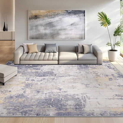Washable Area Rugs 7'x9' Non-Slip Modern Abstract Soft for Living Room Entryway Bedroom Nursery, Print Pattern, Purple Grey Cream Yellow