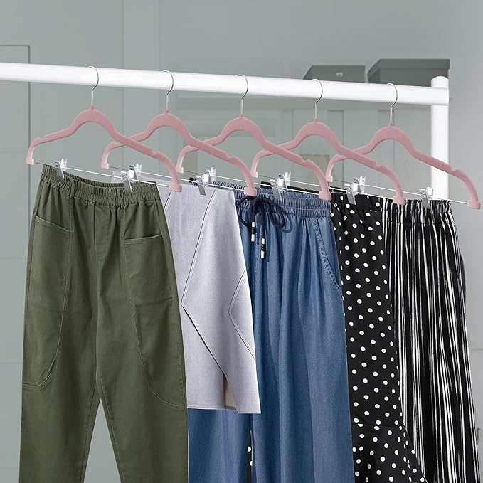 Velvet Pants Hangers – with Adjustable Clips, 360 Degree Swivel Hook, and Non-Slip Shoulder Notch, Holds Up to 10 lbs, for Organizing Skirt, Pants, Dress, and Clothes, Pack of 10, Pink