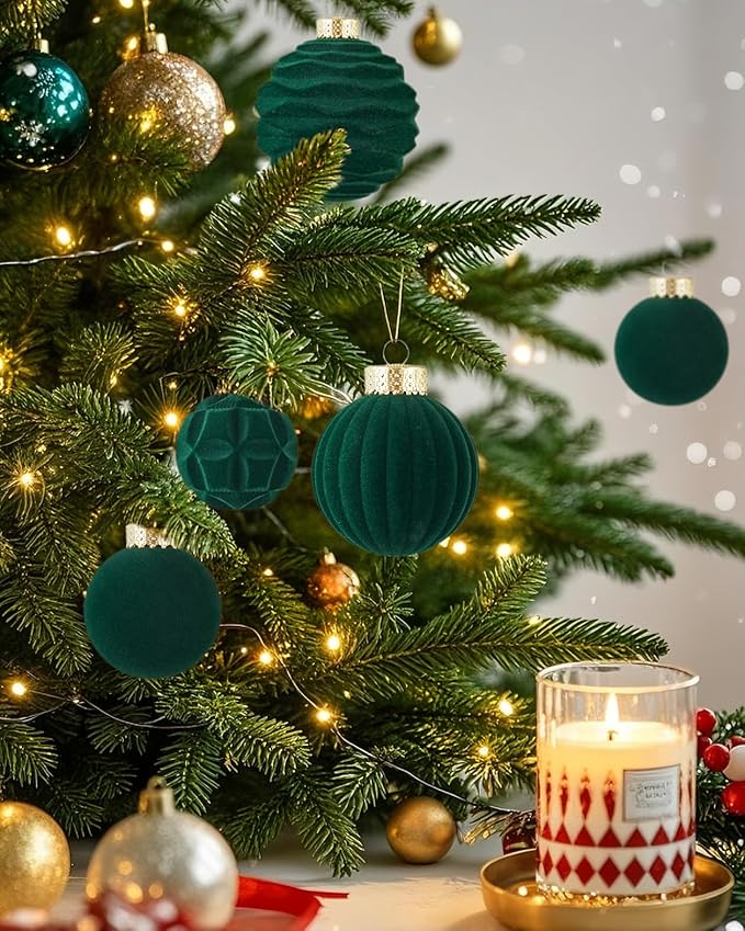 Velvet Christmas Ball Ornaments Set-46pcs Flocked Shatterproof Christmas Tree Decorations Plastic Xmas Decorative Hanging Ornaments for Xmas Holiday Home Decor,3 Sizes(Dark Green)