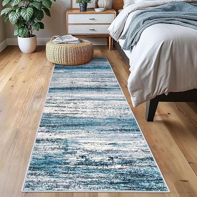 KOZYFLY Modern Abstract Runner Rug, 2x7 Kitchen Rugs Non-Slip Washable Soft Striped Runners for Hallways, Print Blue Carpet Runner for Entryway Bathroom Laundry Room Foyer