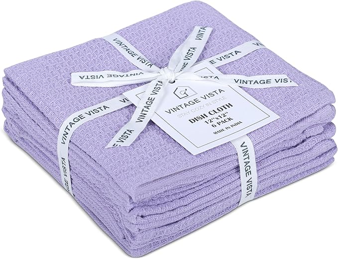 Vintage Vista 100% Cotton Waffle Dish Cloths (Pack of 6) - Dish Rags for Washing Dishes - Reusable & Highly Absorbent Kitchen Towels - Kitchen Rags for Christmas - (12" x 12" - Purple)