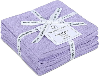 Vintage Vista 100% Cotton Waffle Dish Cloths (Pack of 6) - Dish Rags for Washing Dishes - Reusable & Highly Absorbent Kitchen Towels - Kitchen Rags for Christmas - (12" x 12" - Purple)