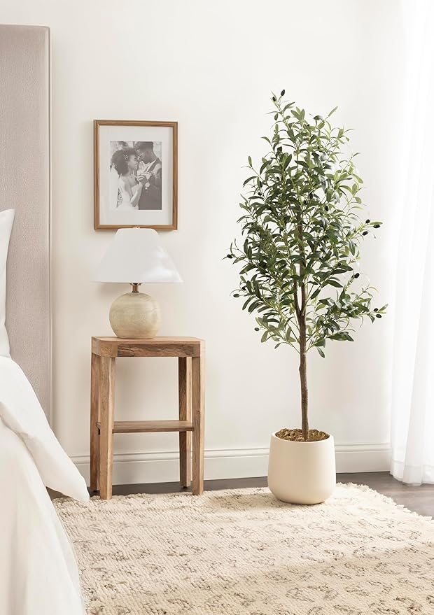 Kate and Laurel Oliveira Faux Olive Tree with Jia Curved Planter Pot, 5 FT, Cream, Potted Artificial Tree Indoor with Realistic Foliage and Added Moss, Fake Plant for Living Room Decor