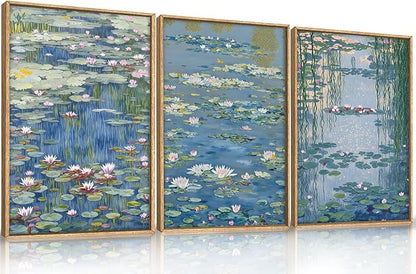 Large Nature Lilies Ponds Framed Canvas Wall Art,Impressionist Flower Wall Decor,Claude Monet Style Wall Painting,Garden Botanical Artwork for Living Room,Bedroom,Dining Room,Office -24"x36"x3