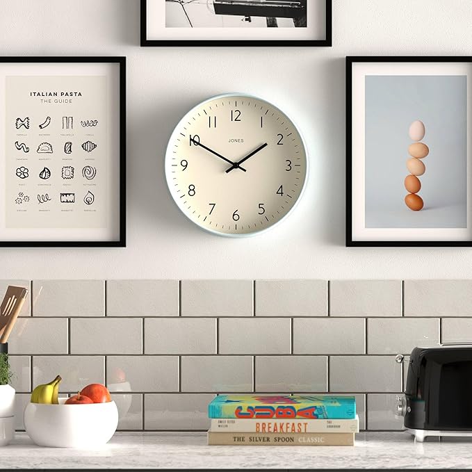 JONES CLOCKS® Studio Wall Clock | Modern Round Style | 12 inch | Pale Blue | Easy to Read Numbers | Versatile Design for Kitchen, Living Room or Office