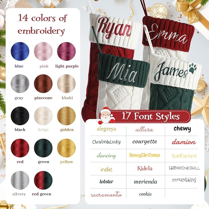 Personalized Christmas Stockings,Custom Embroidered Name+Logo Xmas Knitted Stockings 18'',Holiday and Family Stocking for Fireplace Christmas Holiday Party Decoration 1-6Pack（Grey White）