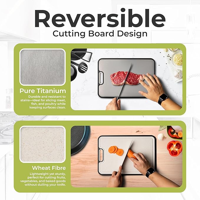 Titanium Cutting Board Double-Sided for Kitchen with Knife Sharpener – Large 16”×11” Food-Grade Chopping Board, Pure Titanium & Wheat Straw PP, Non-Porous, Odor-Resistant, Easy to Clean