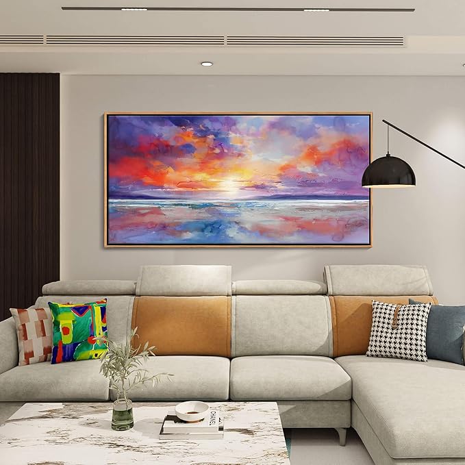 DUNHUANG ART Colorful Ocean Sunset Abstract Beach Wall Art - Orange Red Warm Sunrise Artwork for Living Room and Bathroom Decor - Large Beach Posters Picture over the Bed 30"x60"