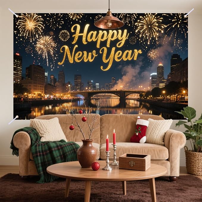 Nuxovilar Happy New Year Banner, City Night Fireworks Backdrop for Party Decorations, 71x43 Inch