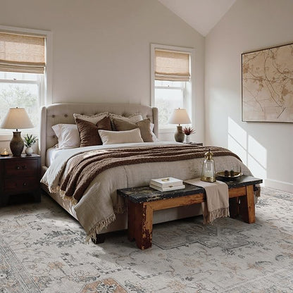 GENIMO 9x12 Area Rugs for Living Room, Non Slip Machine Washable Vintage Rugs, Low Pile Lightweight Chenille Print Large Rug for Bedroom, Dining Room, Home Office, Light Taupe Brown