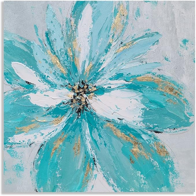 Yihui Arts Hand Embellished Floral Canvas Wall Art with Textured Details & Gold Foil Accents, Modern Teal Flower Painting for Home Decor