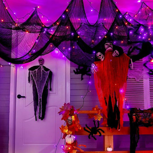Ollny Halloween Lights 150LED 49FT, Orange and Purple String Lights with Creepy Cloth(315 x 85 in), Battery Operated Fairy Lights with 8 Lighting Modes Timer for Outdoor Party Yard Decor