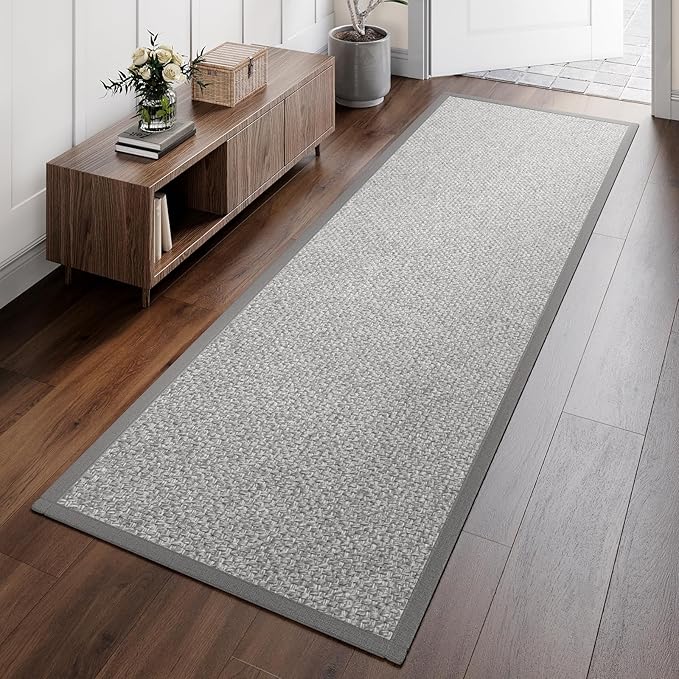 Washable Hallway Runner Rug 2x8 Jute Like Kitchen Runner Mat Rugs Non Slip, Woven Soft Entryway Farmhouse Runner Boho Floor Carpet for Indoor Laundry Hall Backdoor Bedroom Living Room, Grey