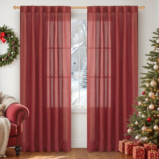 YoungsTex Burgundy Red Linen Curtains 80 Inch Length for Living Room, Light Filtering Semi Sheer Drapes with Back Tab Rod Pocket for Christmas Bedroom Dining Room, 2 Panels, 52 X 80 Inch