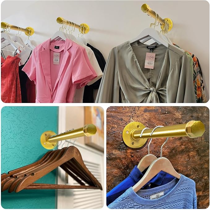 6 Pcs Industrial Pipe Clothes Bar 12 Inch - Wall Mount Clothing Rack - Face Out Closet Rods for Hanging Clothes Commercial Retail Boutique Laundry Shirt Display - Golden