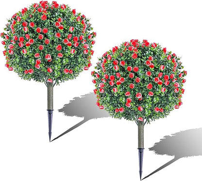 2 Set Artificial Rose Bushes for Outdoors, 27.6''H Artificial Boxwood Plants Outdoor with Spike, Faux Flowering Shrubs, UV Resistant Large Topiary Balll Trees for Porch Garden Yard Patio Decor