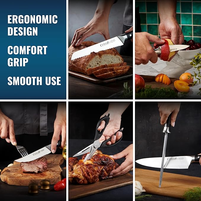 Cutluxe 15-Piece Knife Set – Premium Walnut Wood Block – Knife Set for Kitchen, Ultra Sharp High Carbon German Stainless Steel, Full Tang – Artisan Series