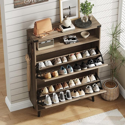 Vabches Shoe Storage Cabinet with 2 Flip Drawers,Freestanding Narrow Shoe Organizer with Open Storage,Hidden Slim Shoe Rack Cabinet for Entryway,Rustic Oak Rattan (2 Pack)