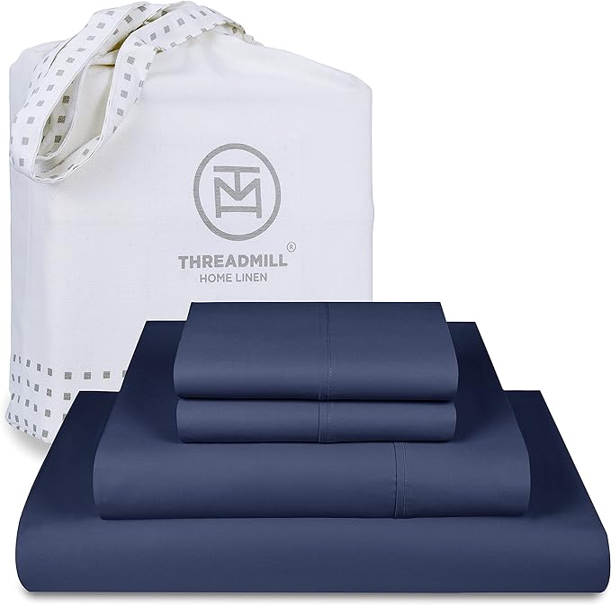 Threadmill Luxury 800 Thread Count King 100% Cotton Sheets - Folkstone Blue Sateen Weave Bed-Sheets, Better Than Egyptian Cotton, 4 Pc Solid Soft Bed Set, Fits 16" Deep Pocket