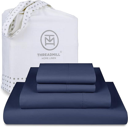 Threadmill Luxury 800 Thread Count California King 100% Cotton Sheets - Folkstone Blue Sateen Weave Bed-Sheets, Better Than Egyptian Cotton, 4 Pc Solid Bed Set, Fits 16" Deep Pocket