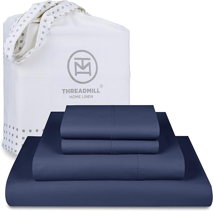 Threadmill Full Size Luxury Sheets | 656 Thread Count Supima Cotton Sateen Sheets | 4 Piece Set with Extra Deep Pocket | Folkstone Blue