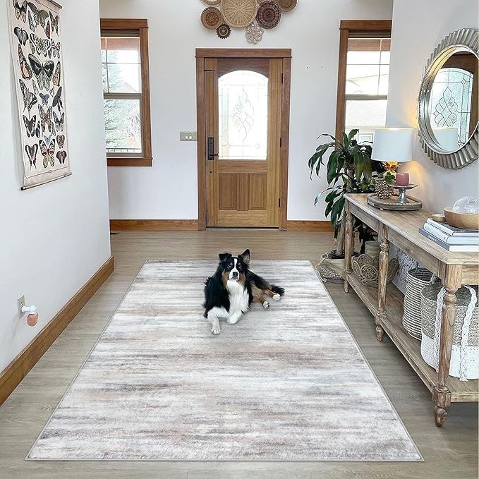 KOZYFLY 6x9 Area Rug Modern Ombre Thin Rugs for Living Room, Washable Large Rugs Non-Slip Soft Striped Rug for Bedroom, Print Beige Abstract Carpet for Laundry/Kid Room