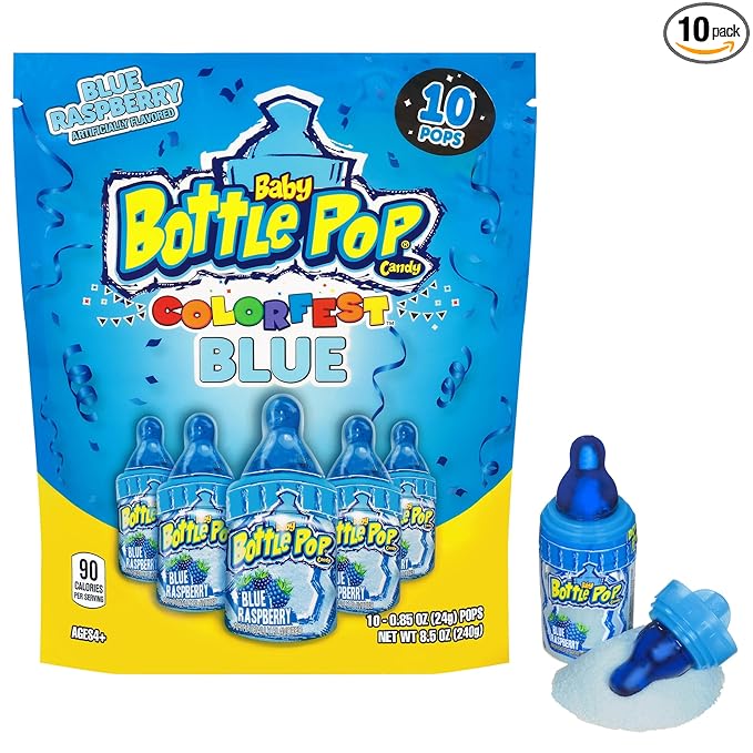 Baby Bottle Pop Candy Blue Lollipops, 10 Ct Bulk Lollipops with Dipping Powder in Blue Raspberry Flavor, Full Size, Individually Wrapped Hard Candy For Valentine's Goodie Bags, Party Favors