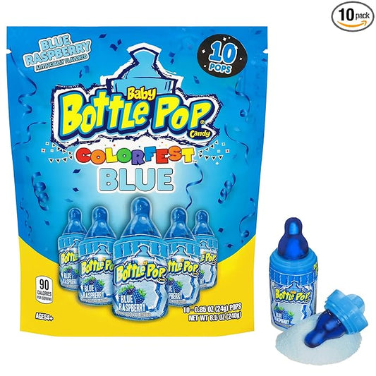 Baby Bottle Pop Candy Blue Lollipops, 10 Ct Bulk Lollipops with Dipping Powder in Blue Raspberry Flavor, Full Size, Individually Wrapped Hard Candy For Valentine's Goodie Bags, Party Favors