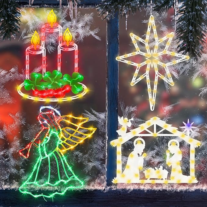 Christmas Decorations - 16" Christmas Window Silhouette Lights - 4 Pack Colour Lighted Candle & Nativity & Bethlehem Star & Angel for Holiday Indoor and Outdoor Wall Door Window Decorate